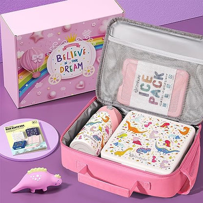 Fimibuke Kids Bento Lunch Box with 4 Compartments, Insulated lunch Bag, Stainless Steel Insulated Water Bottle, Ice Pack & Utensils Set, Birthday Gifts for Ages 3-12 Back to School Toddler Girls Boys - color: A5. White Dinosaur
