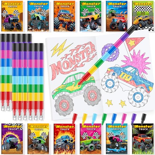 BenLouis 24 Monster Truck Mini Coloring Books Kids with 24 Stacking Crayons Monster Car Party Favors Activity Books Bulk for Kids Monster Truck Birthday Goodie Bag Gift Stuffer Classroom Travel - style: Monster Truck