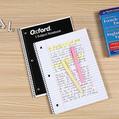 Oxford Spiral Notebook 12 Pack, Bulk College Ruled Spiral Notebooks for School, 1 Subject, Wide Ruled Paper, 8 x 10-1/2 Inch, Black Covers, 70 Perforated Lined Sheets, Writing Journal (65216)