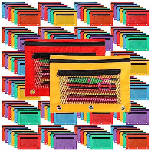 Zhehao 200 Pcs Pencil Pouches for 3 Ring Binder, Bulk Zipper Pencil Pouch Pen Case with Mesh Window Cloth Double Pocket 3 Hole Bag for Storing School Office Supplies(Multicolor) - color: Multicolor