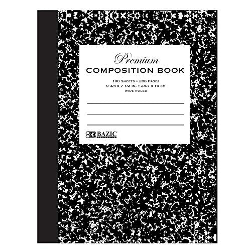 BAZIC Products Composition Book Wide Ruled 100 Sheet, Premium Black Marble Notebook, Writing Journal Comp Lined Notebooks for Office School, 1-Pack | 100 wide-ruled sheets (200 pages), Black Marble composition notebook, sewn binding, 9.75 x 7.5 in - color
