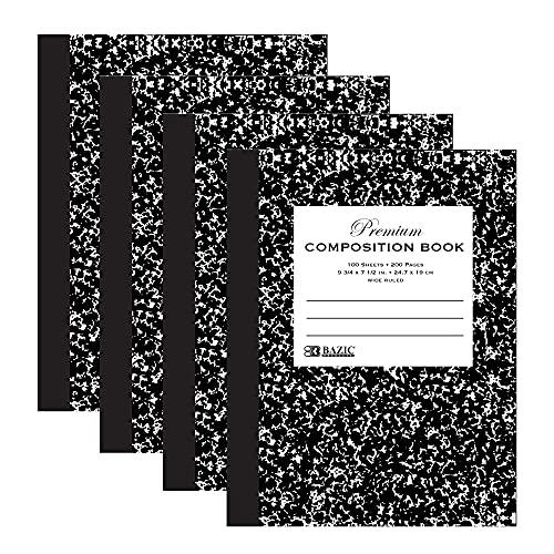 BAZIC PRODUCTS Black Marble Composition Book, Wide-Ruled, 100 Ct, 4-Pack | 100 wide-ruled sheets (200 pages), Black Marble composition notebook, sewn binding, 9.75 x 7.5 in - color: Black Marble, size: 4-Pack