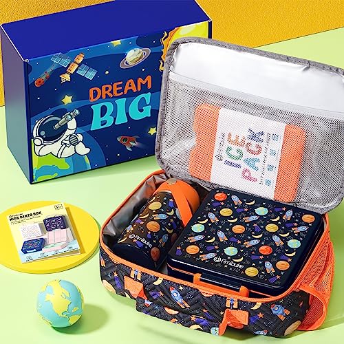 Fimibuke Kids Bento Lunch Box with 4 Compartments, Insulated lunch Bag, Stainless Steel Insulated Water Bottle, Ice Pack & Utensils Set, Birthday Gifts for Ages 3-12 Back to School Toddler Girls Boys - color: A4. Space