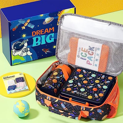 Fimibuke Kids Bento Lunch Box with 4 Compartments, Insulated lunch Bag, Stainless Steel Insulated Water Bottle, Ice Pack & Utensils Set, Birthday Gifts for Ages 3-12 Back to School Toddler Girls Boys - color: A4. Space