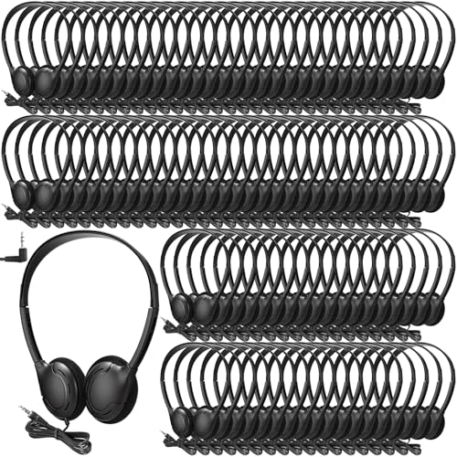 Hoteam 100 Pack Headphones for Classroom Bulk Students Adjustable Headphones Wired Pack Black Over the Head Earphones with 3.5 mm Plug for School Library Museums Charity(Black,Minimalist) - color: Black, style: Minimalist