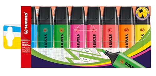 STABILO - BOSS ORIGINAL - Highlighter - Pack of 8 - Assorted colors - color: Assorted Colors, size: 8 Count (Pack of 1)