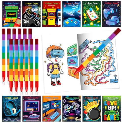 BenLouis 24 Video Game Mini Coloring Books Kids with 24 Stacking Crayons Gaming Party Favors Activity Books Bulk for Kids Boys Neon Game Level Up Goodie Bag Gift Stuffer Classroom Reward - style: Video Game