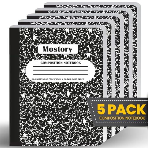 MOSTORY Pack of 5 Composition Notebook - Wide Ruled 200 Pages (100 Sheets), Size 7.5" x 9.75", Bulk School Supplies, Office, Bulk Notebooks for School, Writing Journal Notebook with Lined Paper - size: 5 Pack
