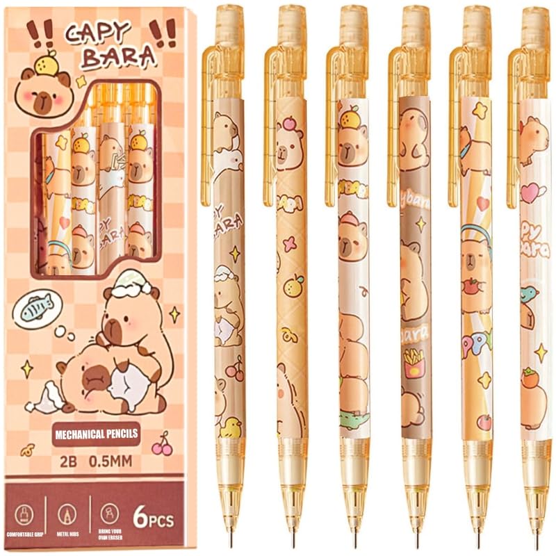 Cute Capybara Mechanical Pencil Set,6Pcs 0.5mm Capybara Mechanical Pencils with 600Pcs 0.5mm Pencil Leads,4Pcs Capybara Erasers,Kawaii Cartoon Pencils for Office School Supplies
