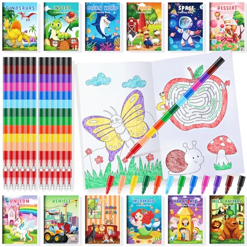 BenLouis Coloring Books for Kids With Stacking Crayons Set Mini Coloring Books Bulk for Ages 4-8-12 Small Activity Books for Birthday Party Gifts Goodie Bags Stuffers Travel（24+24Pcs Colorful） - style: Colourful