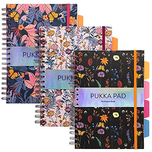 Pukka Pad 5 Subject Spiral Notebook 3-Pack - 200 Pages, 100 Sheets of 80GSM Paper with Repositionable Dividers & Perforated Edges for School & Office Planning & Organization - B5-7 X 10, Bloom - color: Bloom