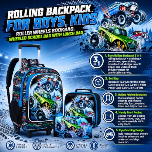 CCJPX 3PCS Truck Rolling Backpack for Boys, Kids Roller Wheels School Bookbag Set, Cars Travel Wheeled School Bag for Toddler Elementary Children-Blue - color: Green Truck