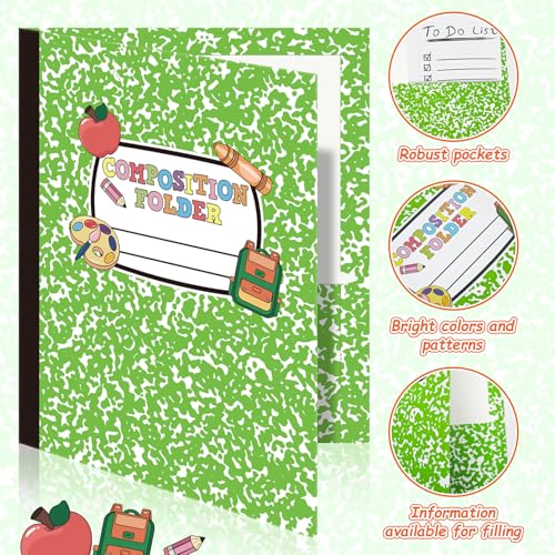 Cinrobiye 12 Pack Composition 2 Pocket Folders Decorative Pocket Folder Motivational Letter Size Kids Folders File with Pockets for Office Home Homework Documents - style: composition12