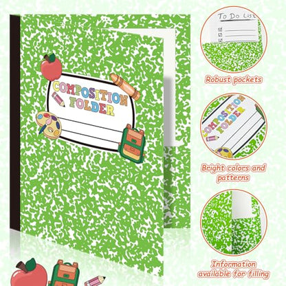 Cinrobiye 12 Pack Composition 2 Pocket Folders Decorative Pocket Folder Motivational Letter Size Kids Folders File with Pockets for Office Home Homework Documents - style: composition12