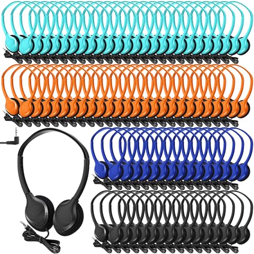 Hoteam 100 Pack Headphones for Classroom Bulk Students Adjustable Headphones Wired Pack Black Over the Head Earphones with 3.5 mm Plug for School Library Museums Charity Donate (Multicolor,Novelty) - color: Multicolor, style: Novelty