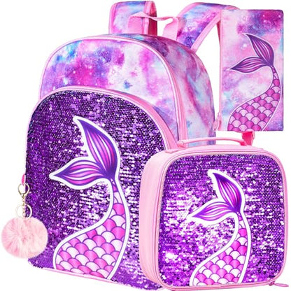 gxtvo 3PCS Girls Backpack, 16" Sequin Prechool Elementary Bookbag and Lunch Box - color: Fish Tail Pink