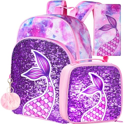 gxtvo 3PCS Girls Backpack, 16" Sequin Prechool Elementary Bookbag and Lunch Box - color: Fish Tail Pink