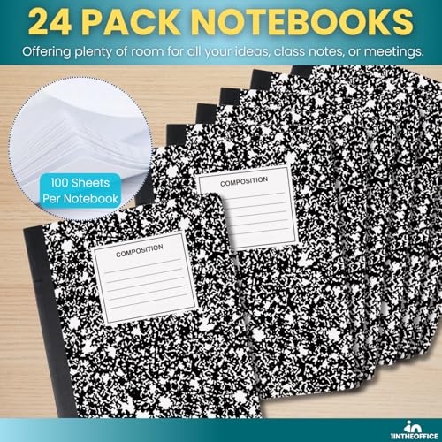 1InTheOffice Composition Notebook College Ruled, Notebooks for School, Black, 9.75" x 7.5", 24 Pack