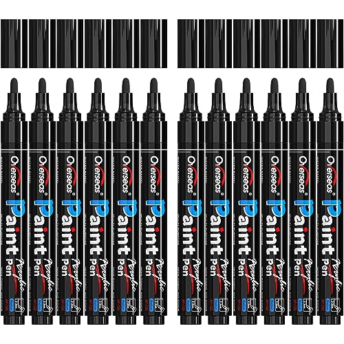 Overseas Black Paint Pens Paint Markers - Permanent Acrylic Markers 12 Pack, Water-Based, Quick Dry, Waterproof Marker Pen for Rock, Wood, Plastic, Metal, Canvas, Glass, Fabric, Mugs. Medium Tip - color: Black