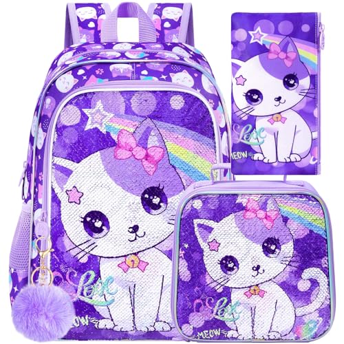 gxtvo 3PCS Girls Backpack, 16" Sequin Prechool Elementary Bookbag and Lunch Box - color: Sequins Girls Cat Backpack