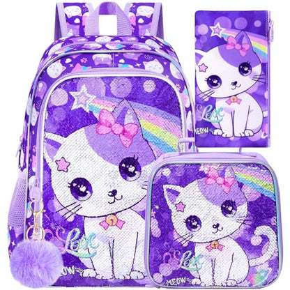gxtvo 3PCS Girls Backpack, 16" Sequin Prechool Elementary Bookbag and Lunch Box - color: Sequins Girls Cat Backpack
