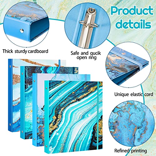 Lewtemi 4 Pack Mini Binders 5.5 x 8.5 Three Ring, 1 Inch Marble Binder, Flower Ocean Decorative Hardcover with Elastic Cord for School, Office Use, Recipe, Photo Album Pages(Ocean) - style: Ocean