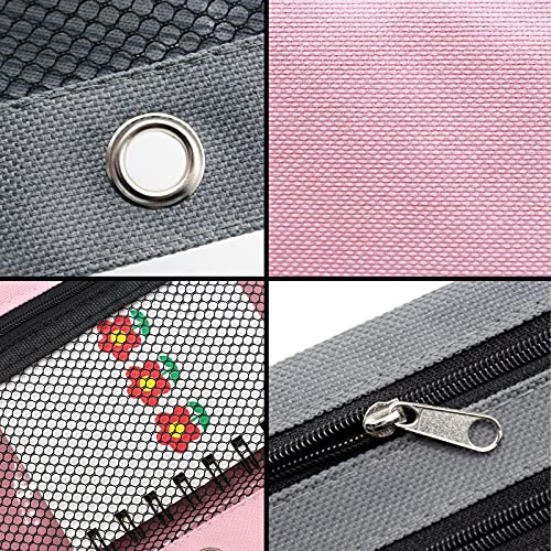 Pencil Pouch 3 Ring Binder Pouch Zippered Pencil Case Canvas Pencil Bag with 2 Compartments (Set of 2, Pink and Grey) - color: Pink and Grey