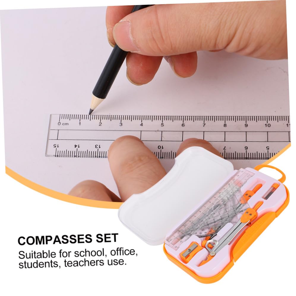 Uonlytech 1sets Student Geometry Math Set Metal Compass and Ruler Kit Eraser Sharpener and Storage Case for Drafting and Drawing for School and Office Use Random Color