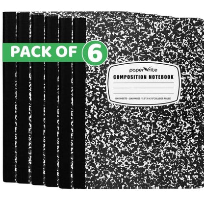 6 Pack Composition Notebook College Ruled Bulk, 200 Pages (100 Sheets), 9-3/4 x 7-1/2", Hard Cover College Ruled Notebook Bulk, Black Marble Composition Notebooks, Bulk School Notebooks