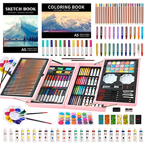 KINSPORY Art Set, 139 Pack Painting Drawing Art Supplies Kit with 2 Sketch Pads, Deluxe Double Layers Art Set Crafts, Colored Pencils, Oil Pastels, Watercolor Paints, Gift for Artists Kids (Rose Pink) - color: Rose Pink