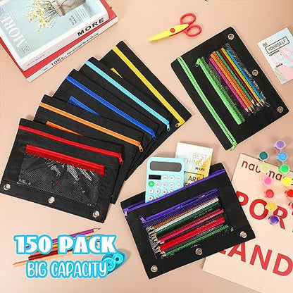 Zhehao 100 Pcs Zipper Binder Pencil Pouches:3 Ring Binder Pencil Pouches with Zipper Window Bulk Clear Pen Bags Case for Office School Classroom Supplies(Double Layer with Mesh Layer,Black) - color: Black, style: Double Layer With Mesh Layer