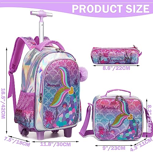 Meetbelify Mermaid Backpack with Wheels for Girls Rolling Backpack for Elementary Student Kids School Bag with Wheels Travel Luggage for Girls Age 6-8 - color: Mermaid Gold Love