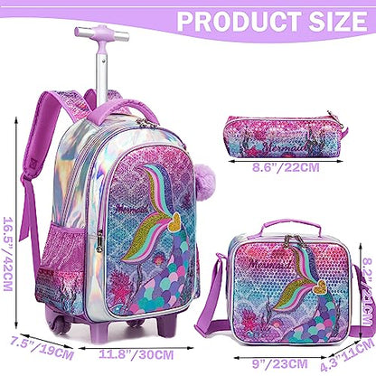 Meetbelify Mermaid Backpack with Wheels for Girls Rolling Backpack for Elementary Student Kids School Bag with Wheels Travel Luggage for Girls Age 6-8 - color: Mermaid Gold Love