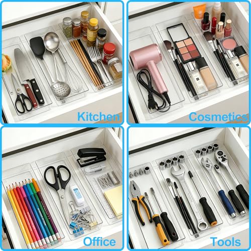 Manalete 8 Pack 15"x6" Extra Large Clear Plastic Drawer Organizer Trays, Multi-Purpose Storage Bins for Vanity, Makeup, Kitchen Utensils, Bathroom, Office Desk, Auto Tools & Craft Supplies - size: 8 Pack 15"×6"