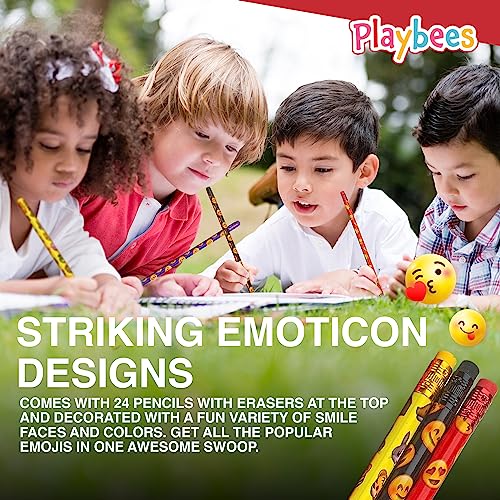 Playbees Emoticon No 2 Pencils for Kids - 72 Pack Bulk Kids Pencils #2 with Erasers - Assorted Smiley Birthday Party Favors, Classroom Prizes, Goody Bag Stuffers, Teacher's Educational Supplies - style: 72 Pack