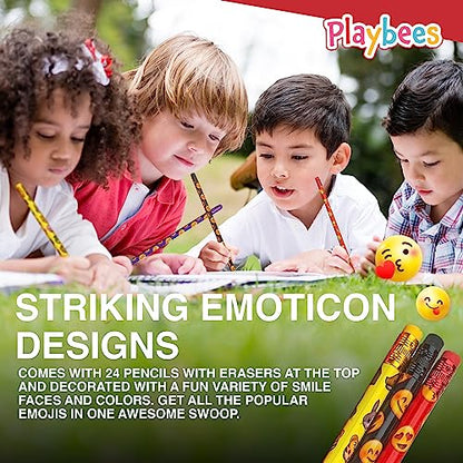 Playbees Emoticon No 2 Pencils for Kids - 72 Pack Bulk Kids Pencils #2 with Erasers - Assorted Smiley Birthday Party Favors, Classroom Prizes, Goody Bag Stuffers, Teacher's Educational Supplies - style: 72 Pack