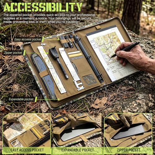 Livans Portfolio Padfolio Binder Detachable 3-Ring Planner, Zip Tactical Notebook Cover with A4 Letter Paper, Multi-Pocket Carry Bag for Gift, Out-Work, Travels, Office & School | Zip Notebook Cover, Handle Art Portfolio Bag, 25 Sheets A4 Letter Paper, 1“