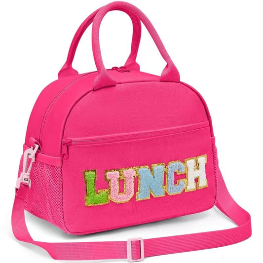 Lunch Bag for Girls and Women, Cute Preppy Lunch Bag with Chenille Letters, Insulated Large Capacity Lunch Tote with Detachable Strap for School, Work & Picnic, Rose Red - color: Rose Red