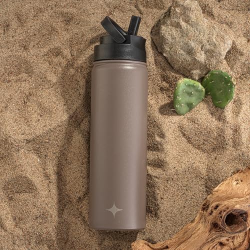 JoyJolt Triple Insulated Water Bottle with Straw Lid AND Flip Lid! 22oz Water Bottle, 12 Hour Hot/Cold Vacuum Insulated Stainless Steel Water Bottle. BPA-Free Leakproof Water Bottles - Thermos Bottle - color: Desert Taupe, size: 22 Ounces