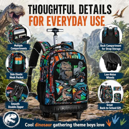 WZLVO 3PCS Rolling School Backpack, Water Resistance Roller Bookbag for Boys, Wheeled Bag Set with Lunch Box & Pencil Bag for Teens & Kids - Dinosaur Gathering