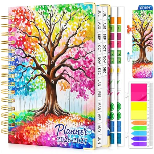 Academic Planner 2026-2027, 18 Months Weekly & Monthly Calendar Planner | July 2026 - Dec 2027, 6.6" x 8.3 A5 Size, Hardcover Daily Agenda with Tabs, Inner Pocket, Bookmark, Stickers, Sticky Note Set - color: Colorful Tree of Life, size: A5