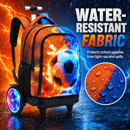 AGSDON Quiet Rolling Backpack with Lunch Box Set – Large Luminous Wheel Water‑Resistant Wheeled Bag for School, Outings, and Travel | Fire-Lightning Soccer 3‑Piece Organizer Backpack - color: Large Luminous Wheel Rolling Fire-lightning Soccer