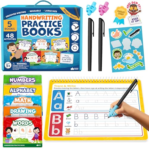 Magic Grooved Writing Practice for Kids - Dry Erasable Pens Writing Books 3-5 4-6 5-7 Kindergarten Workbooks Handwriting Practice for Kids 5-7 - Preschool Workbook, Magic Book - color: Magic Pens Grooved Books Set