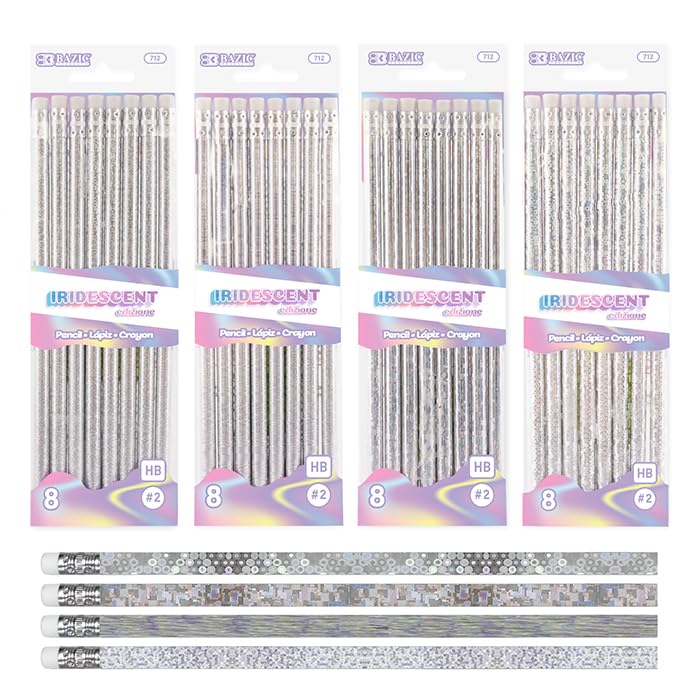 BAZIC PRODUCTS Iridescent Holographic #2 Pencils, Eraser, 8 Count, 24-Box | #2 HB lead, Holographic shimmer barrels, eraser tops, school, gifts, party favors, fun everyday writing - size: 1 Count (Pack of 24)