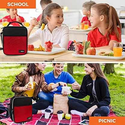 opux Insulated Lunch Bag for Kids Boys Girls, Small Compact Lunch Box with Wide Opening & Mesh Pockets, Reusable Lunch Pail for School, Work, Adults, Men, Women, Red - color: Red