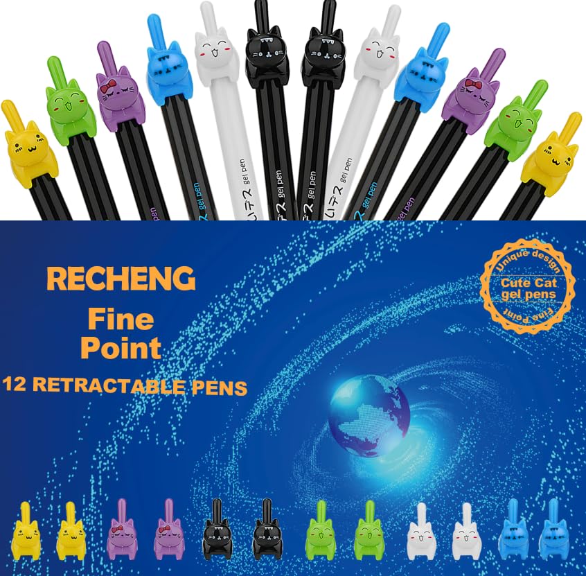 Retractable cat Gel Ink Pens Fine Point 0.5mm for Journaling Smooth Writing Quick-dry No Bleed 12pack Black-Ink - style: Cat pens 12-PACK