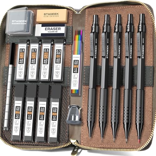STAGEEK Metal Mechanical Pencil Set in Leather Case, 5PCS Art Drafting Pencil 0.3, 0.5, 0.7, 0.9 & 2mm Lead Holder, 9 Tube (4B 2B HB 2H Colors) Lead Refills for Drawing, Sketching, Writing (Black) - color: Black, style: 0.3 0.5 0.7 0.9 2.0