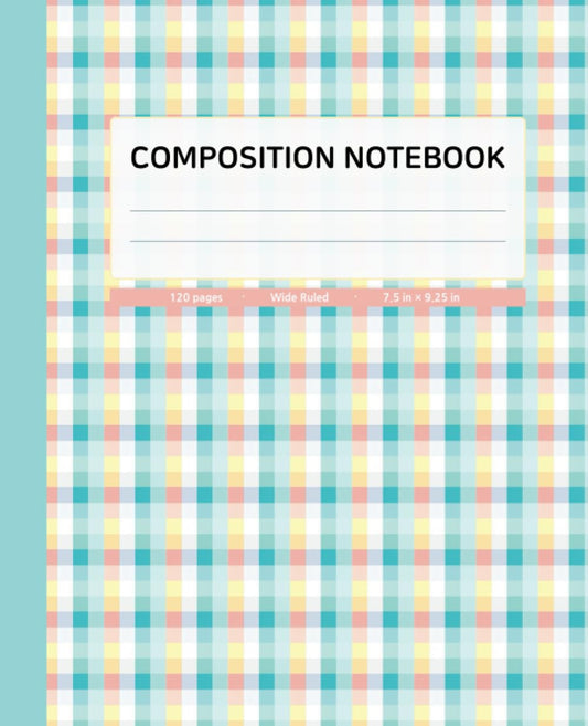 Composition Notebook Wide Ruled | Checkered Pattern with Coral Blue Spine Color | 120 Pages, 7.5x9.25 inches