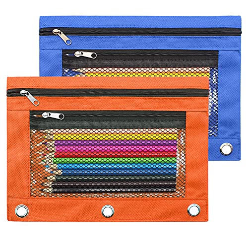 Pencil Pouch 3 Ring Binder Pouch Zippered Pencil Case Canvas Pencil Bag with 2 Compartments (Set of 2, Blue and Orange) - color: Blue and Orange
