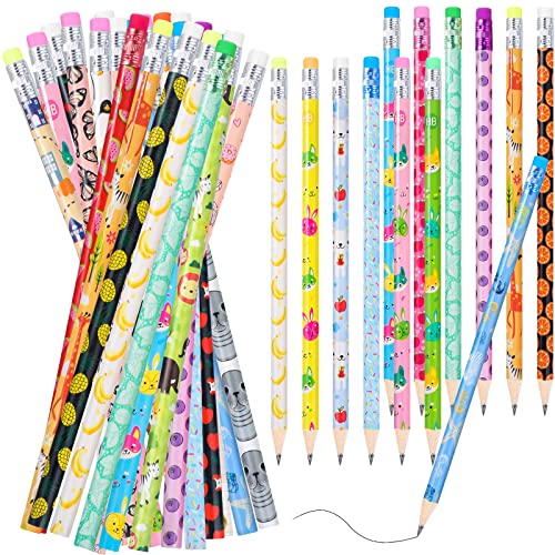 Epakh 100 Pieces Back to School Cartoon Wooden Pencils Bulk Colorful Cute Pattern Writing Pencils with Top Eraser Incentive Reward Gifts for Students Teacher Classroom Kids Party Supplies Favors